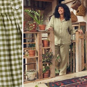 Piglet In Bed Botanical Green Gingham Linen Blend Pajama Set